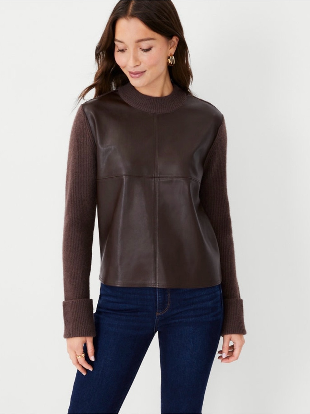 Ann Taylor Faux Leather Mixed Media Sweater Chocolate Brown S $129